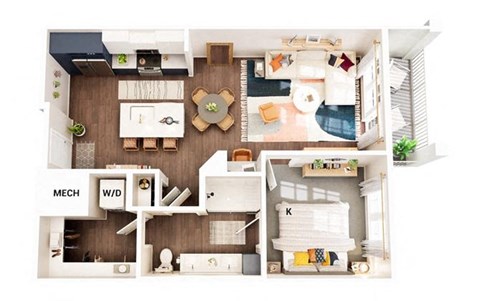 Floor plan for 1 bed, 1 bath, 744 sqft